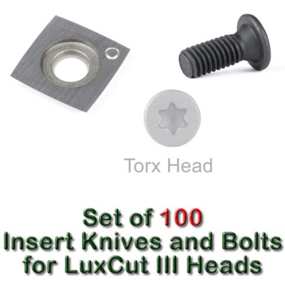 Set of 100 Carbide Insert Knives and 100 Replacement Screws for LuxCut III Heads